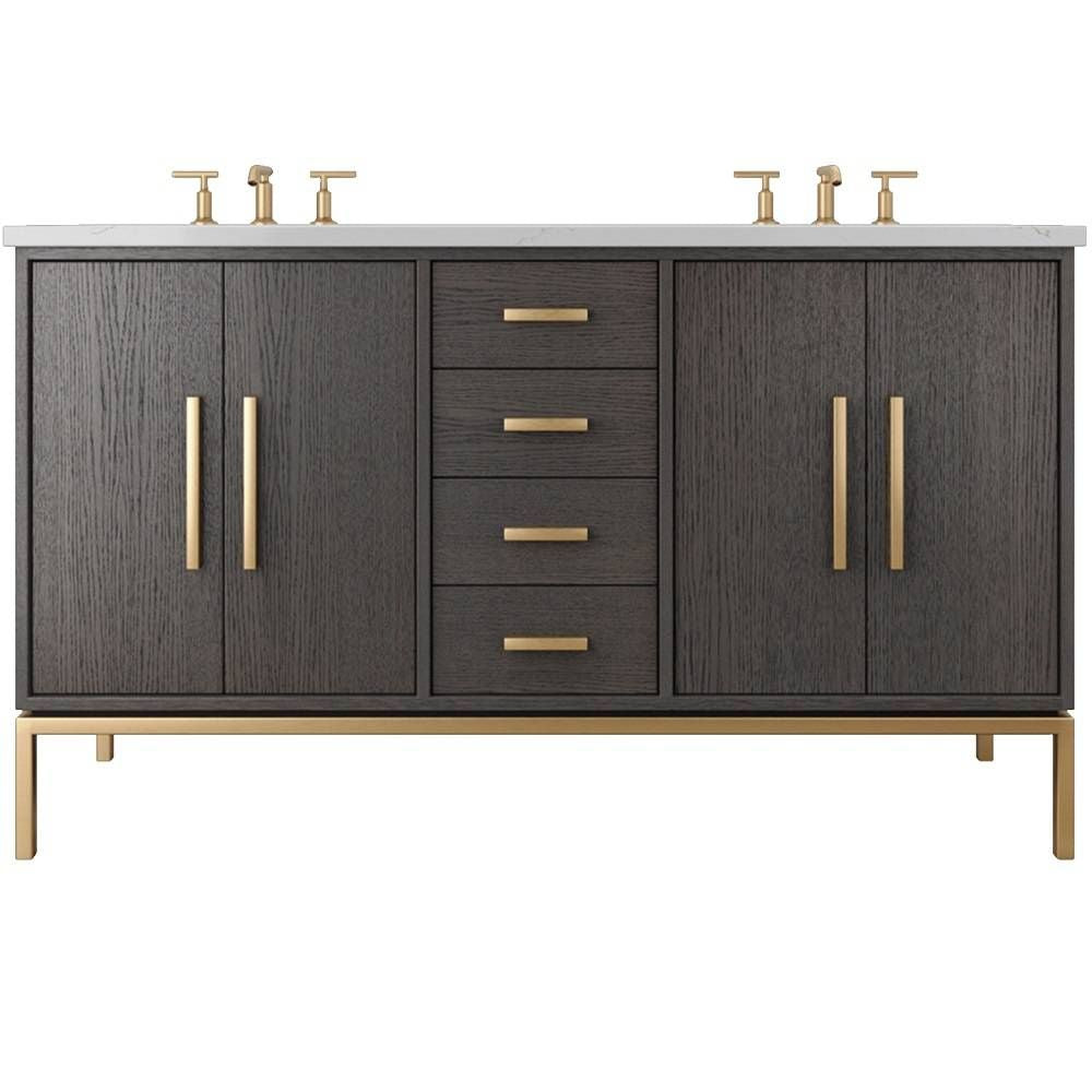 Bathroom vanity with dark wood finish and gold fixtures on a white background