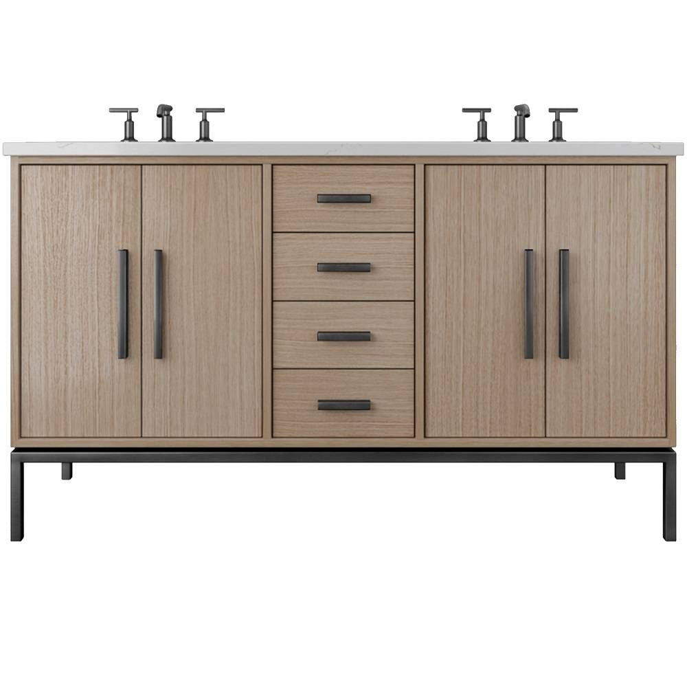 Bathroom vanity with wooden finish and black fixtures on a white background
