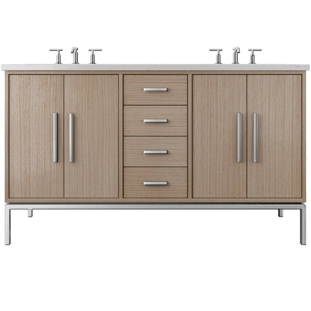 Bathroom vanity with wooden finish and silver fixtures on a white background