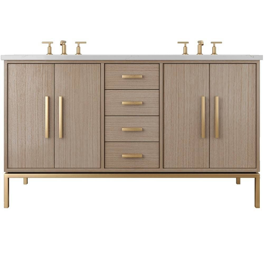 Bathroom vanity with wooden finish and gold fixtures on a white background