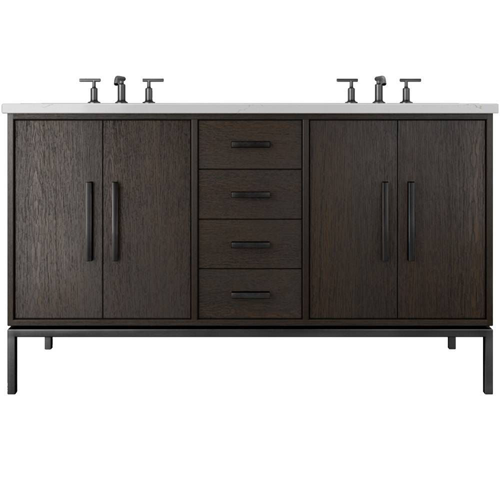 Bathroom vanity with dark wood finish and white countertop on a white background