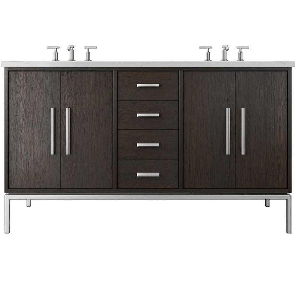 Bathroom vanity with dark wood finish, silver handles, and two sinks on a white background