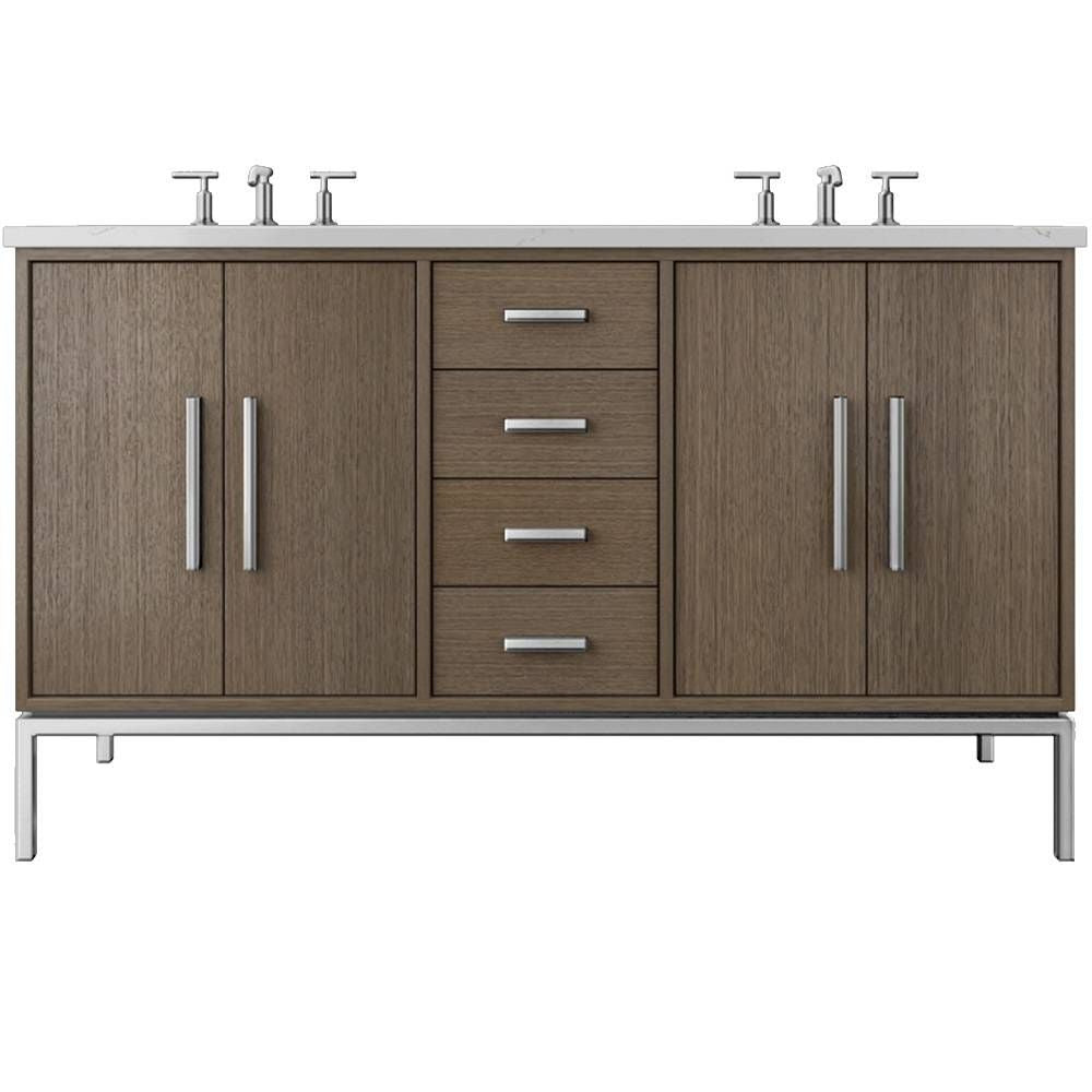 Bathroom vanity with wooden cabinets and silver fixtures on a white background