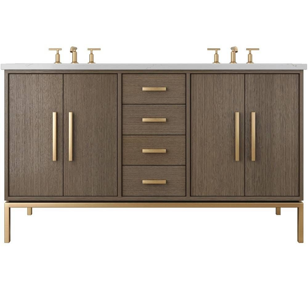 Bathroom vanity with wooden finish and gold fixtures on a white background