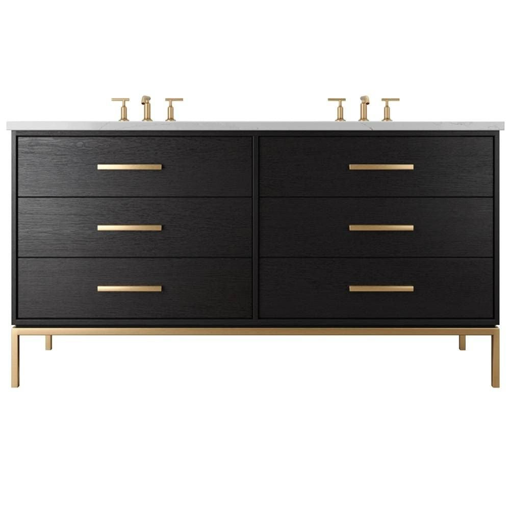Black vanity with gold fixtures on a white background