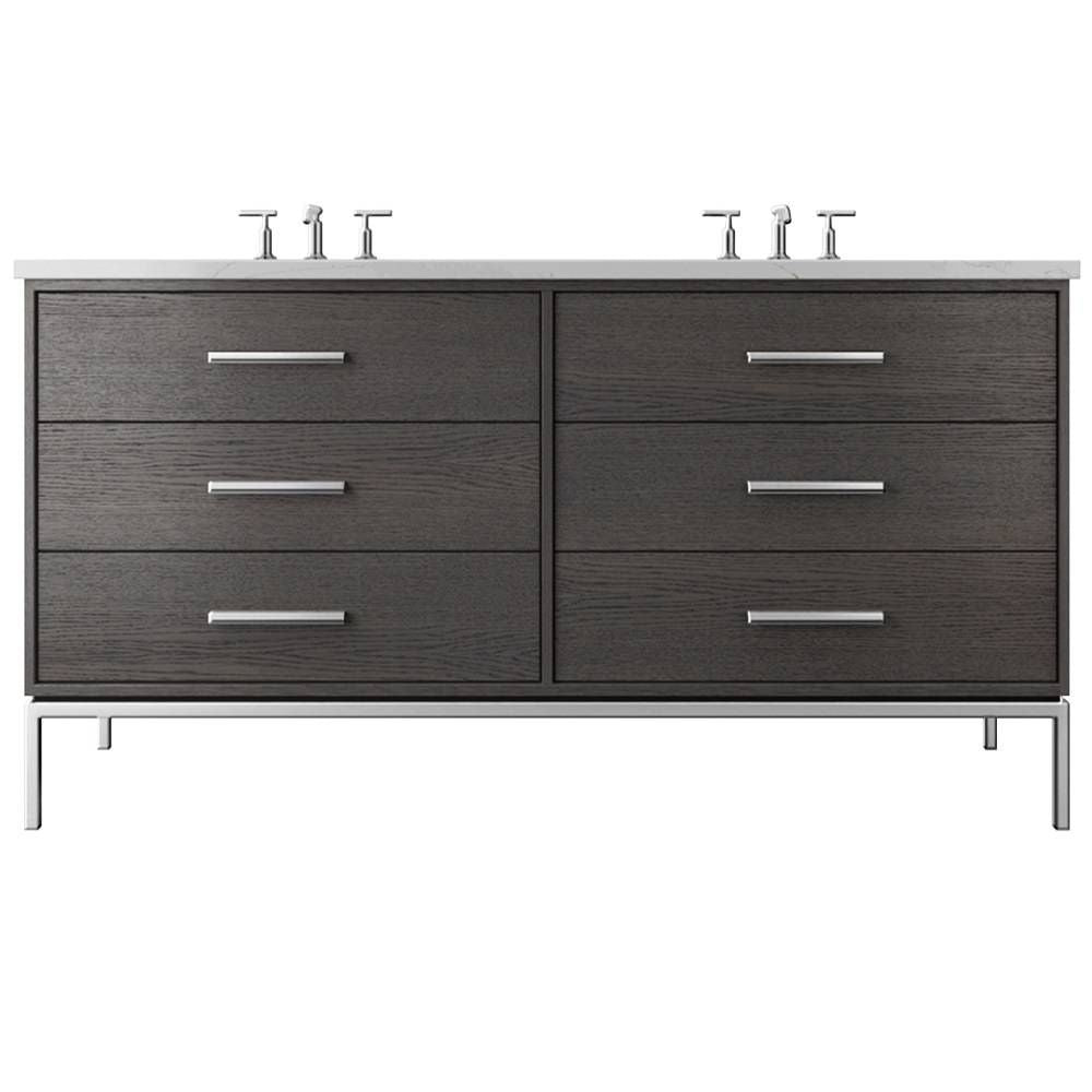 Bathroom vanity with multiple drawers and a white countertop on a white background