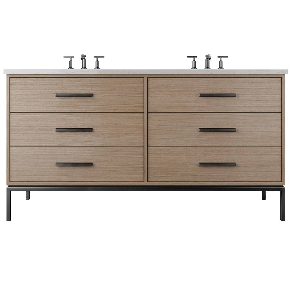 Bathroom vanity with multiple drawers and faucet fixtures on a white background
