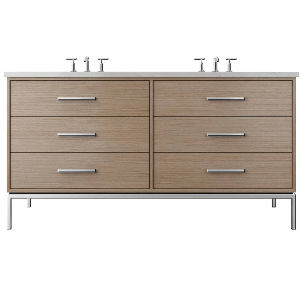 Wooden bathroom vanity with multiple drawers and a white countertop on a white background