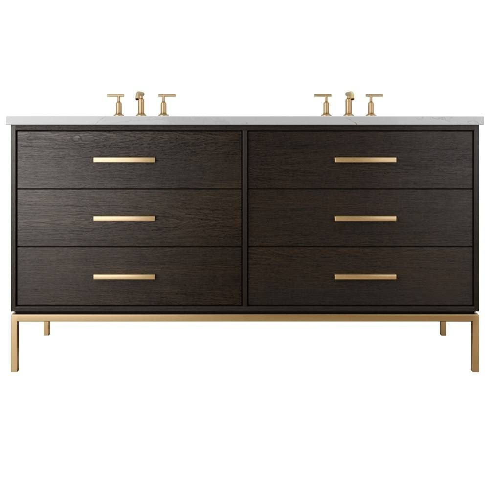 Bathroom vanity with dark wood finish, gold fixtures, and white countertop on a white background