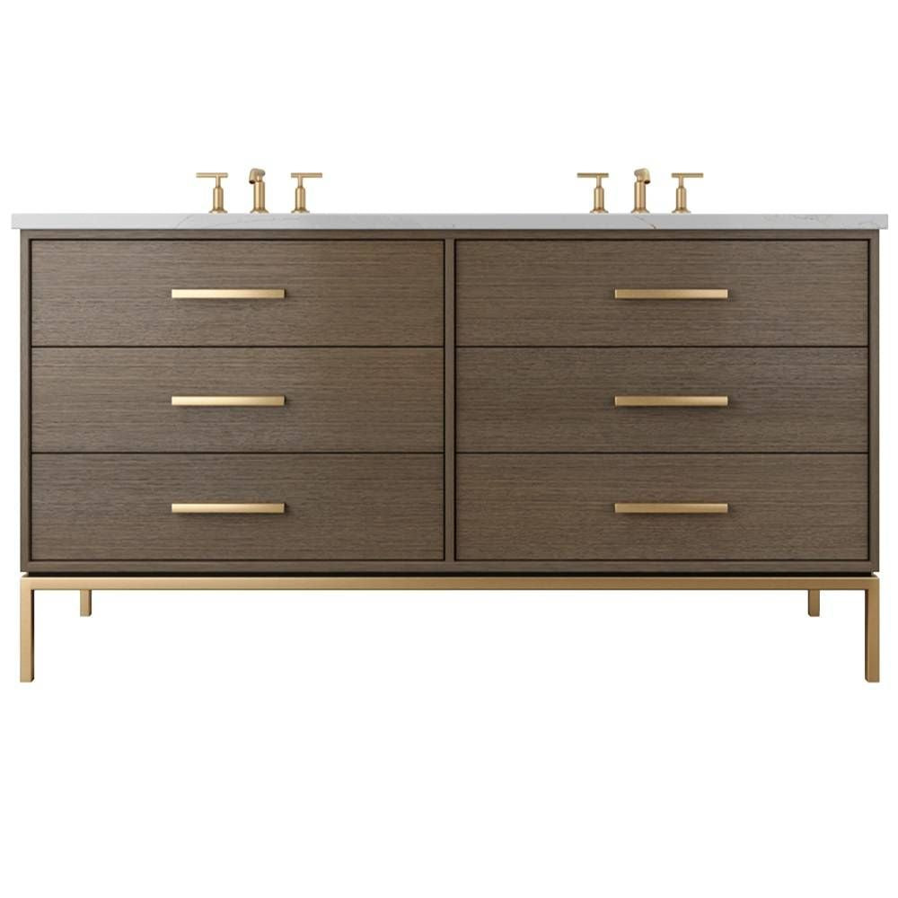 Bathroom vanity with wooden finish and gold fixtures on a white background