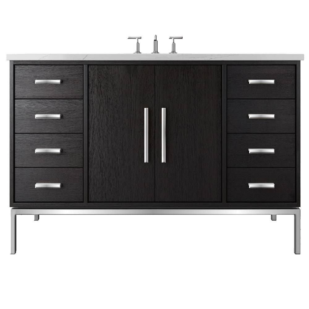 Bathroom vanity with dark wood finish, silver handles, and white countertop on a white background