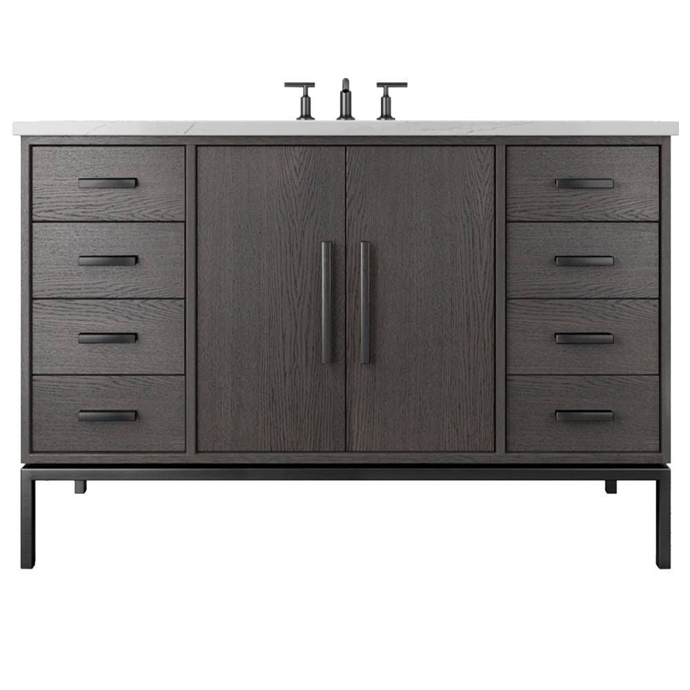 Bathroom vanity with dark wood finish and white countertop on a white background