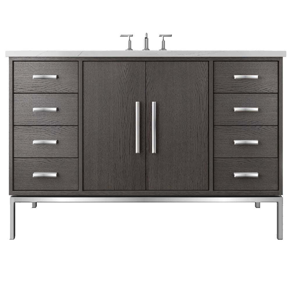 Bathroom vanity with dark wood finish, silver handles, and white countertop on a white background