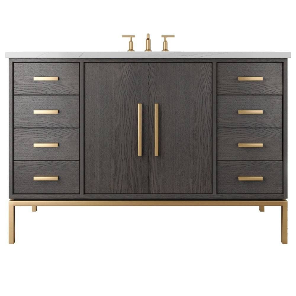 Bathroom vanity with dark wood finish, gold handles, and white countertop on a white background