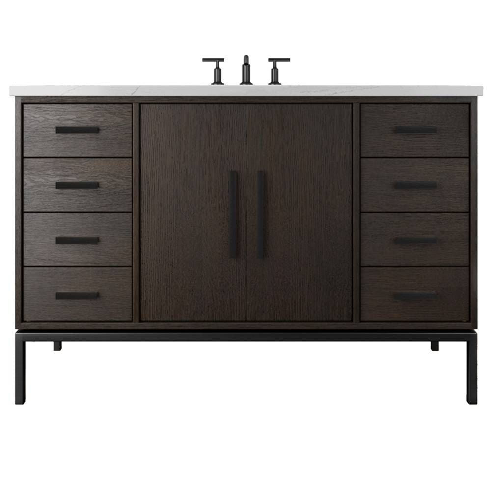 Bathroom vanity with dark wood finish, multiple drawers, and a white countertop.