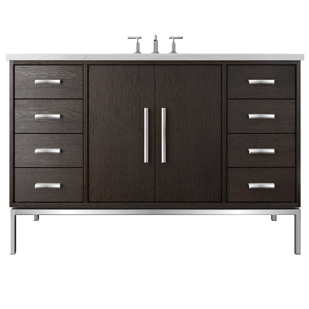 Bathroom vanity with dark wood finish, silver handles, and white countertop on a white background