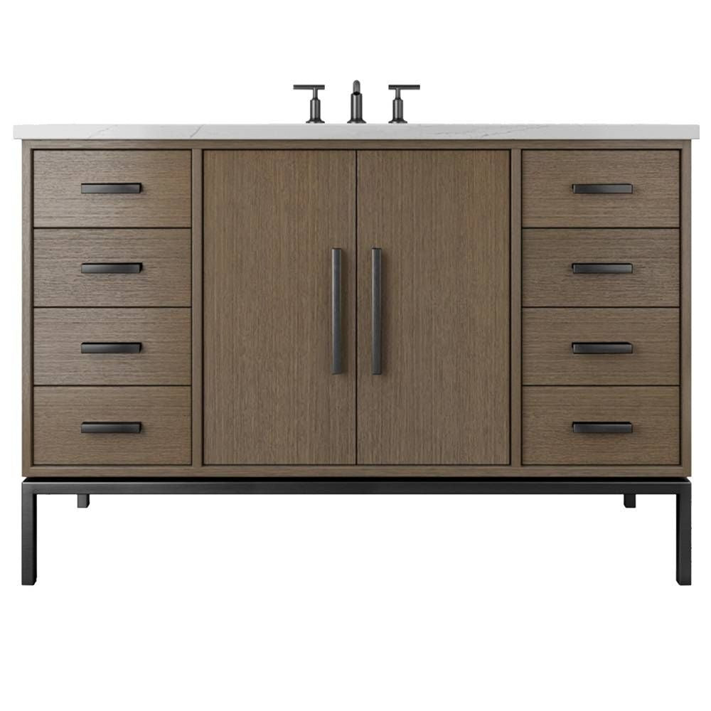 Bathroom vanity with wooden finish and white countertop on a white background