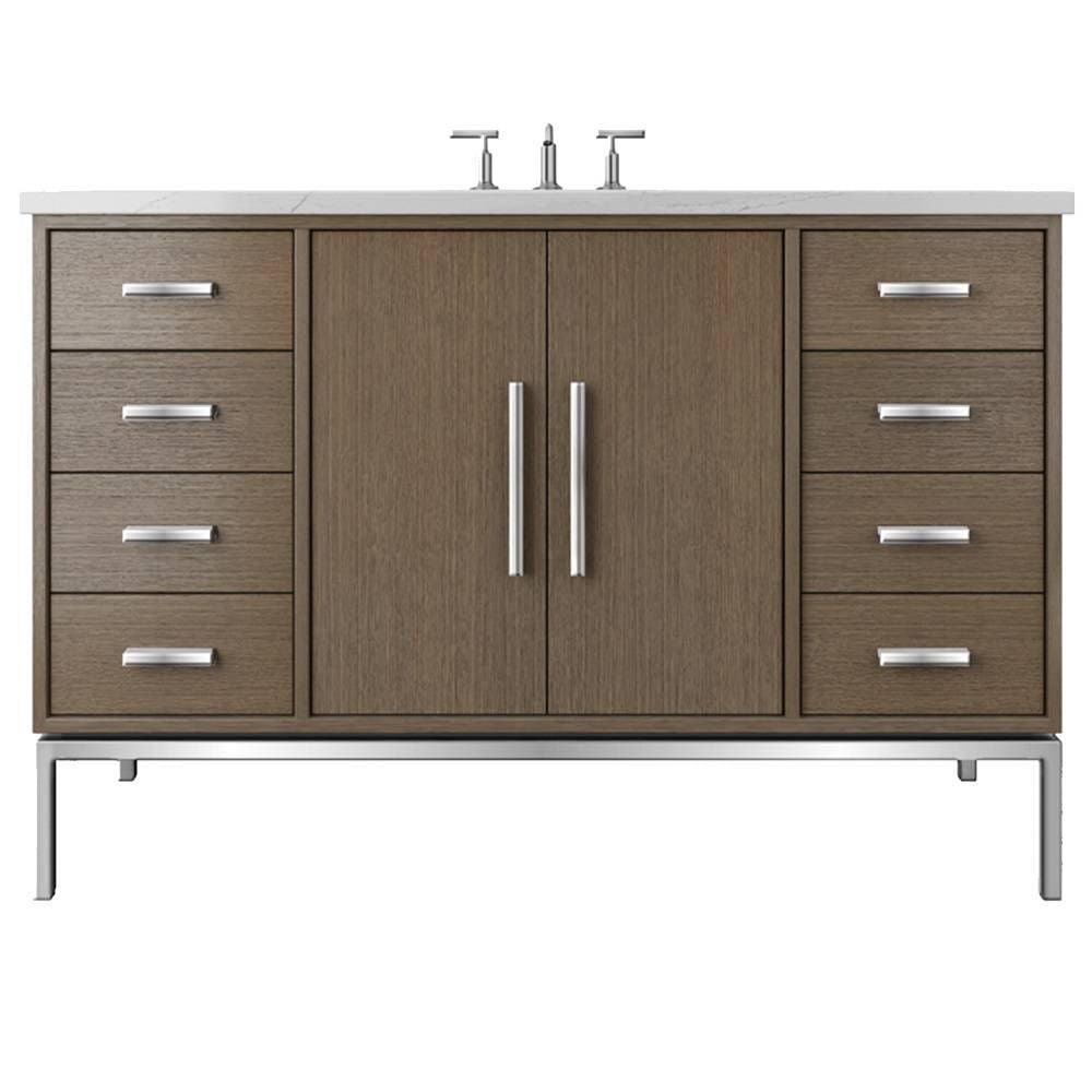 Bathroom vanity with wooden finish, silver handles, and a white countertop on a white background