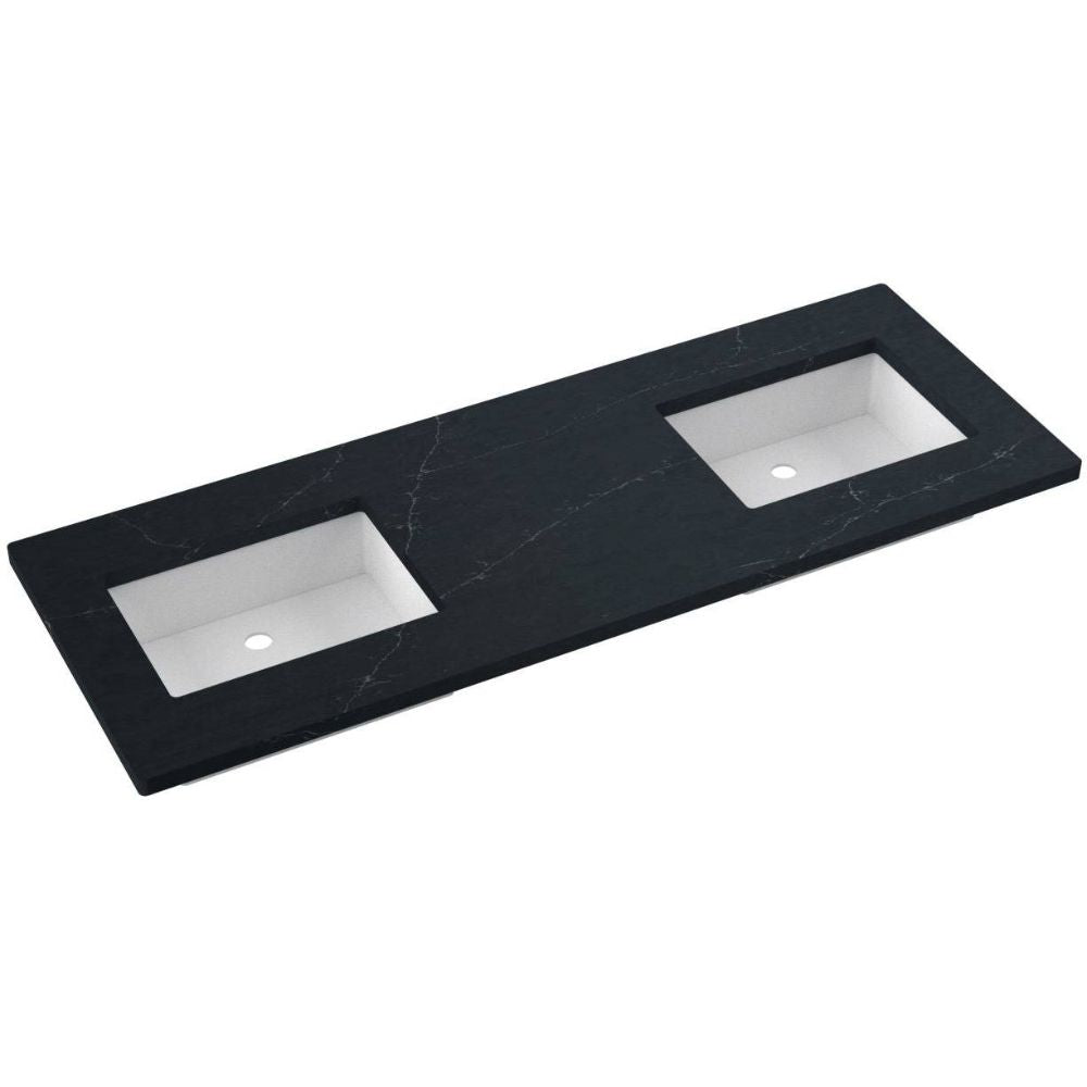 Black marble countertop with two white undermount sinks on a white background