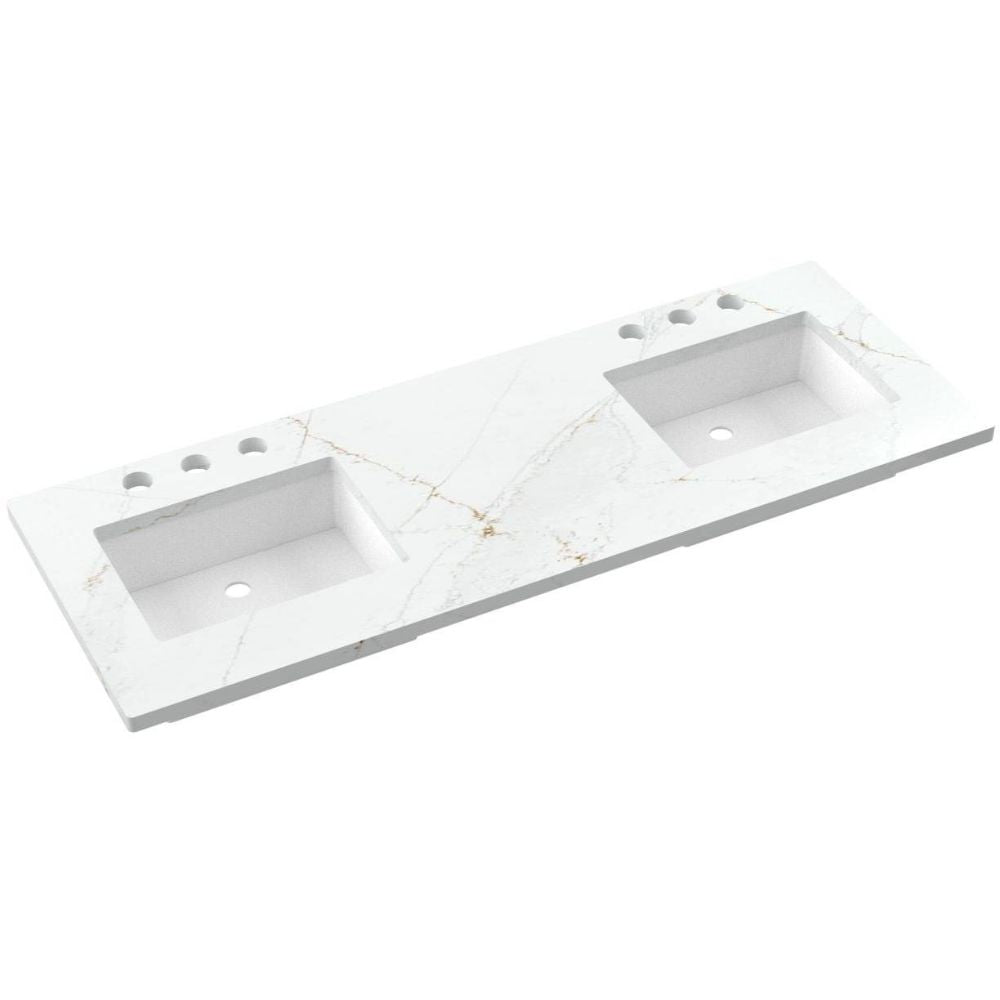 White marble countertop with two sink basins on a white background