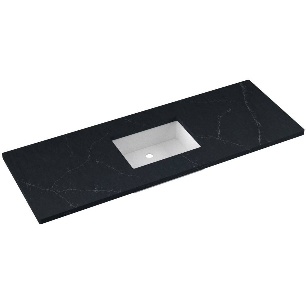 Black marble countertop with a white sink basin on a white background