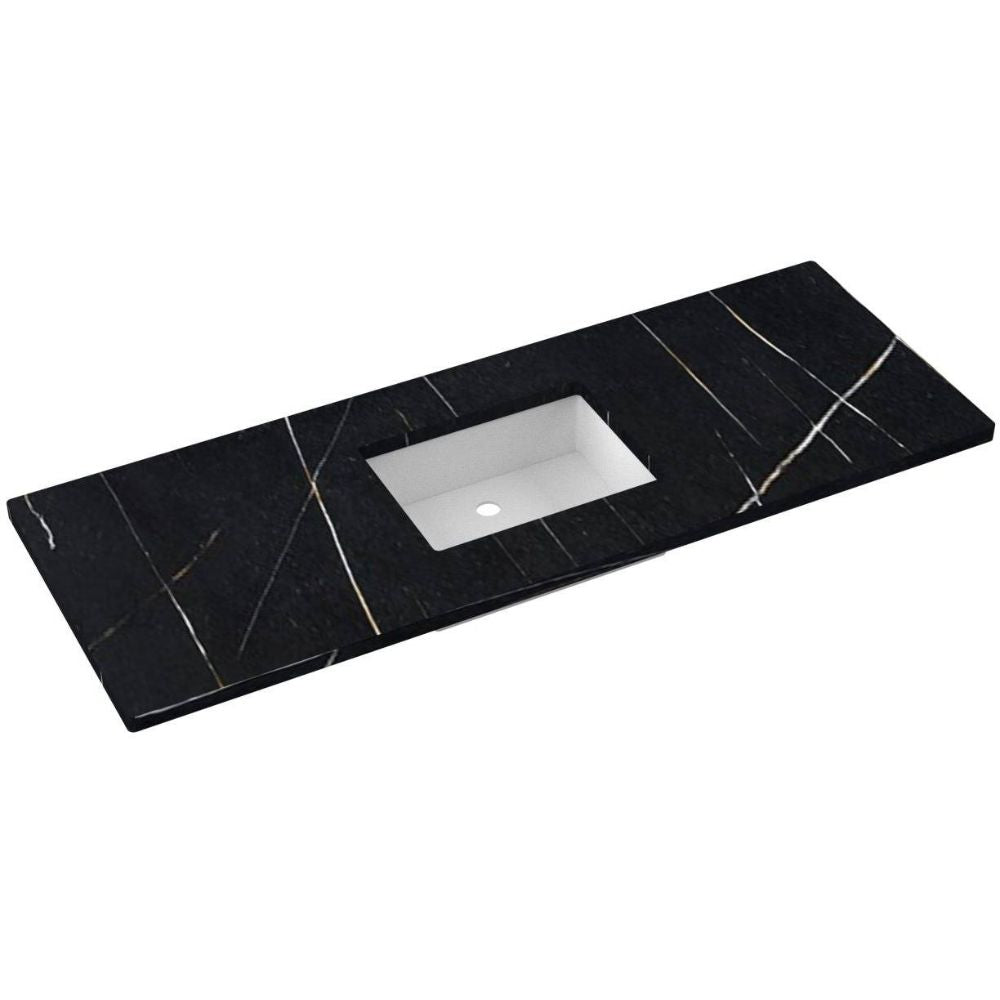 Black marble countertop with a white sink basin on a white background