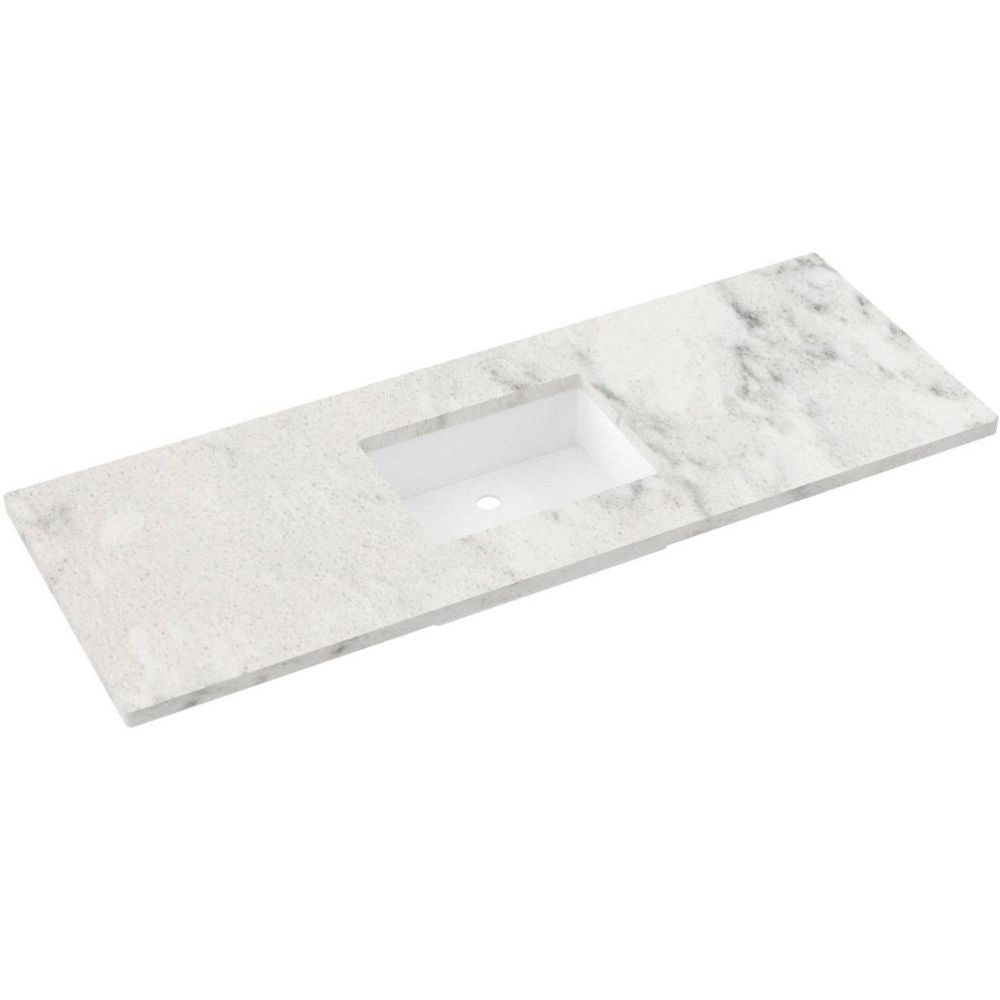 Marble-patterned vanity top with integrated sink on a white background
