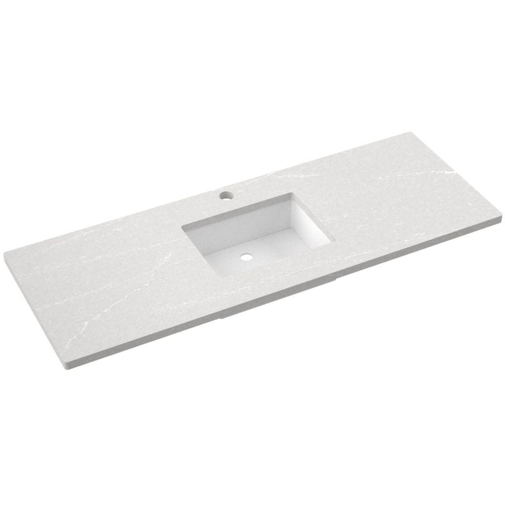White bathroom vanity with sink on a white background