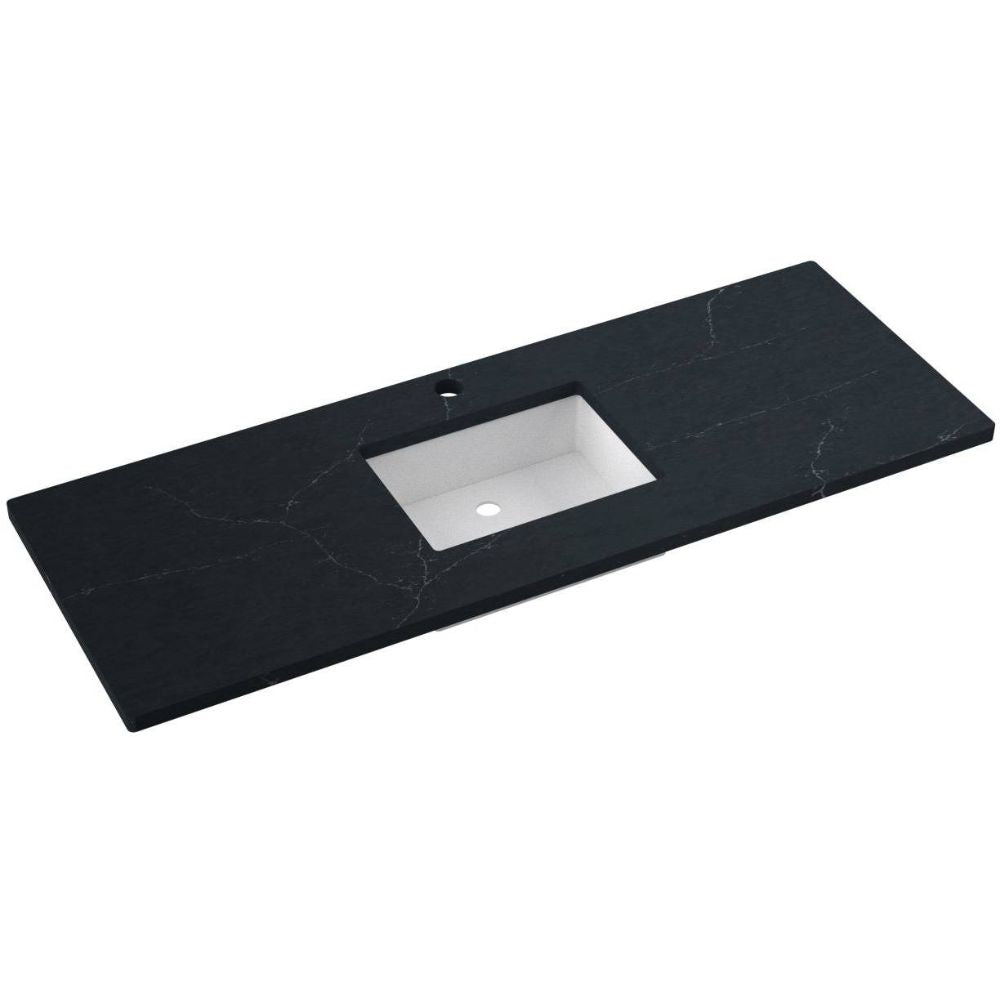 Black marble countertop with a white sink basin on a white background