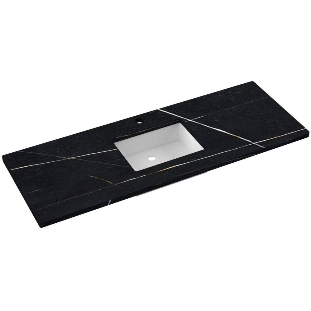 Black marble countertop with a white sink basin on a white background