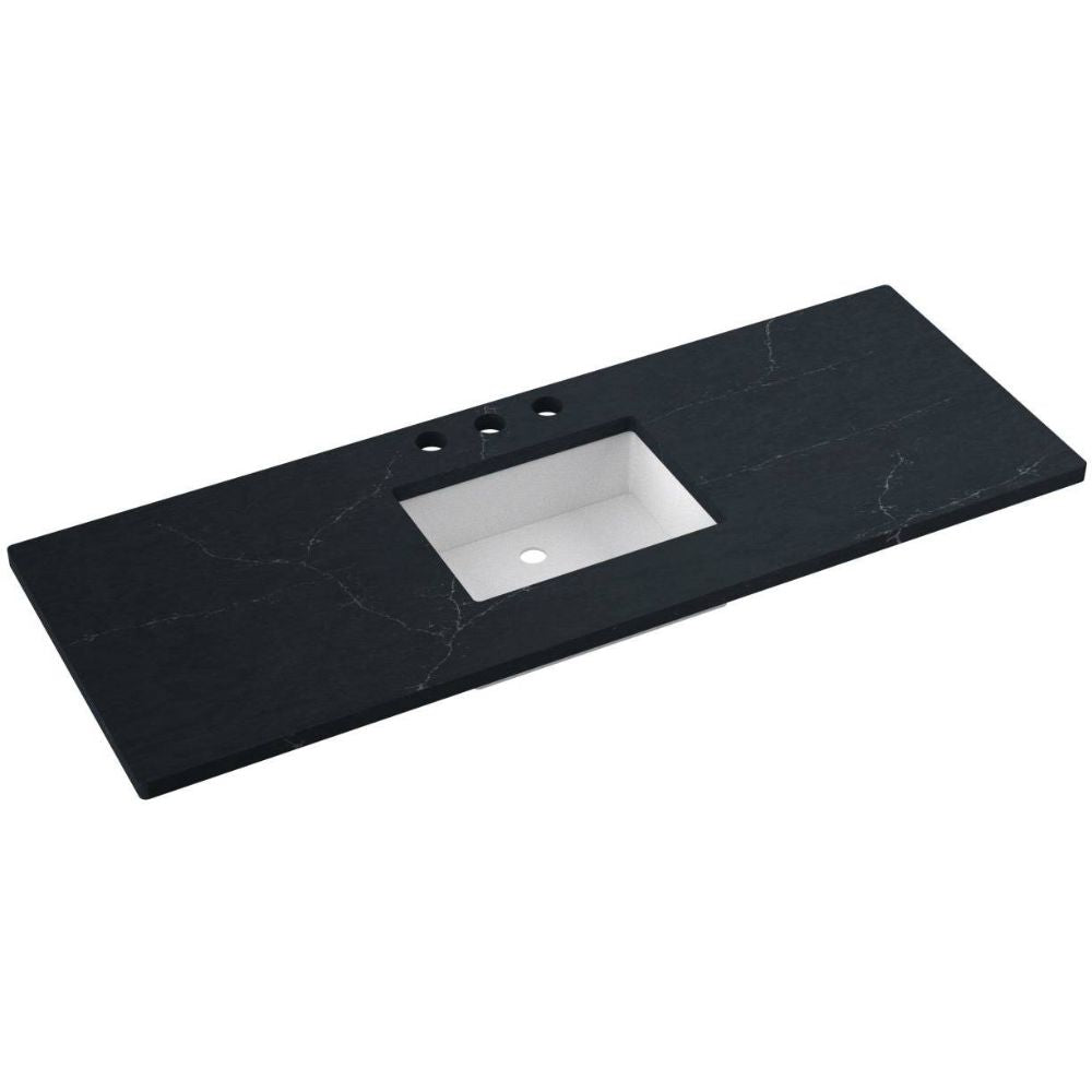 Black marble countertop with a white sink basin on a white background
