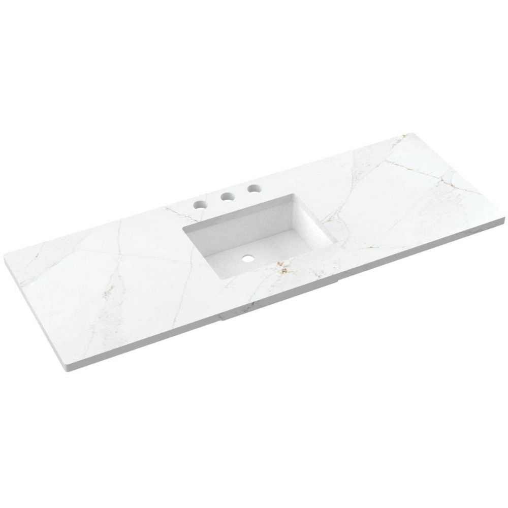 White bathroom vanity with a sink on a white background