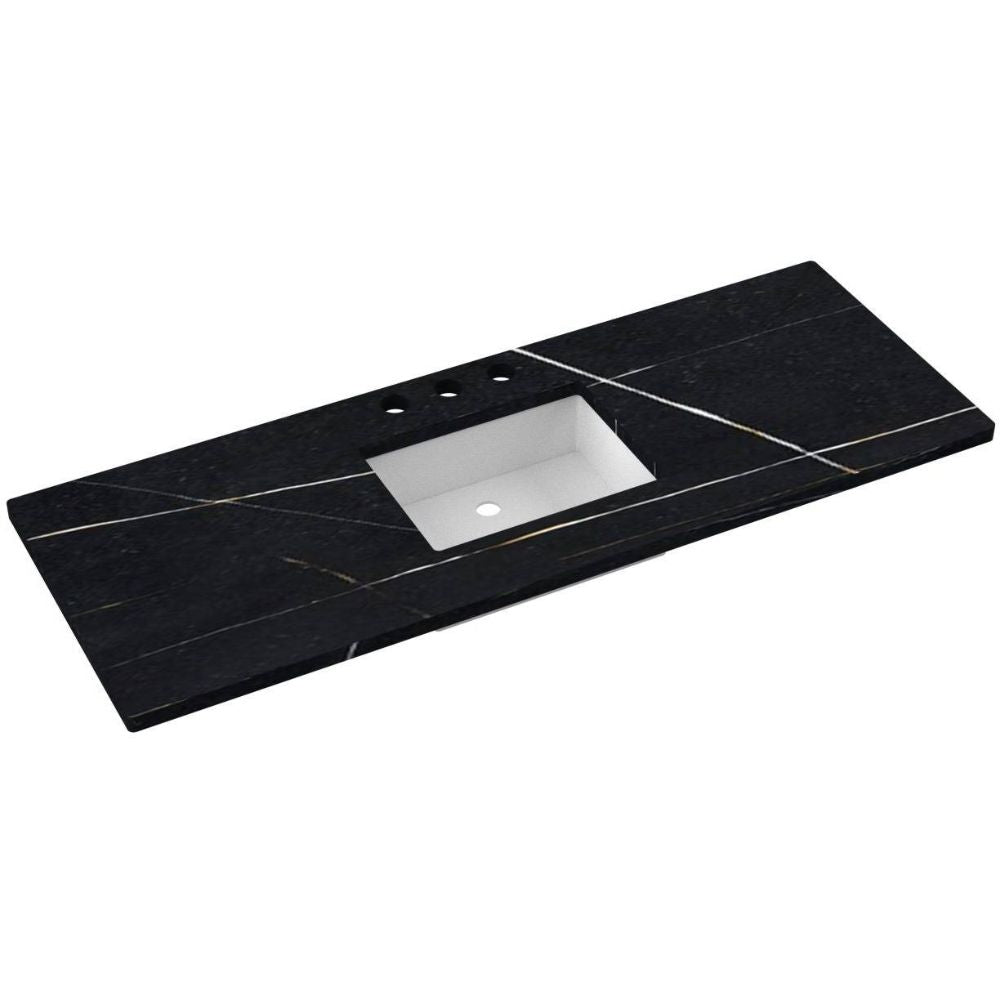 Black marble countertop with a white sink basin on a white background
