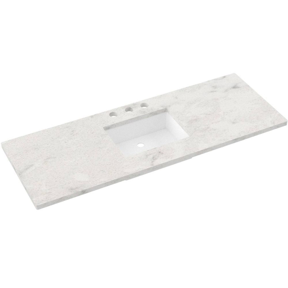 Marble-patterned vanity top with faucet holes on a white background