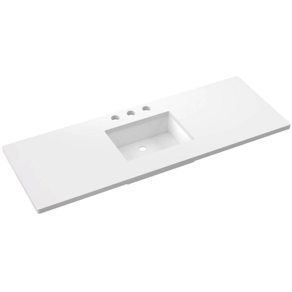White bathroom vanity with sink on a white background