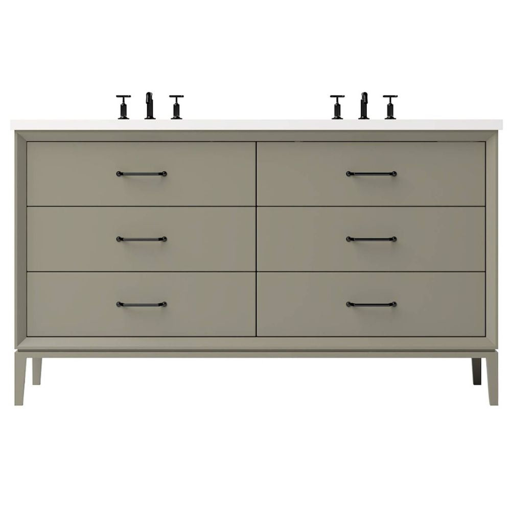 Gray dresser with six drawers and black handles on a white background