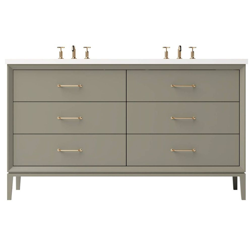 Gray dresser with gold handles on a white background