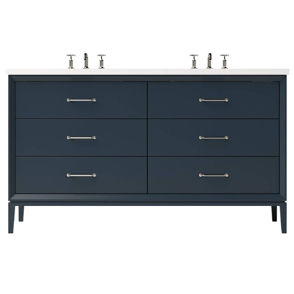 Blue vanity with white countertop and silver fixtures on a white background