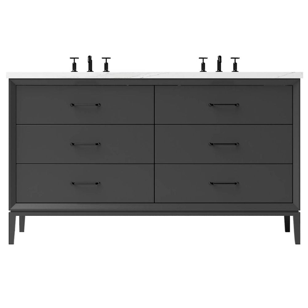 Dark gray dresser with six drawers on a white background