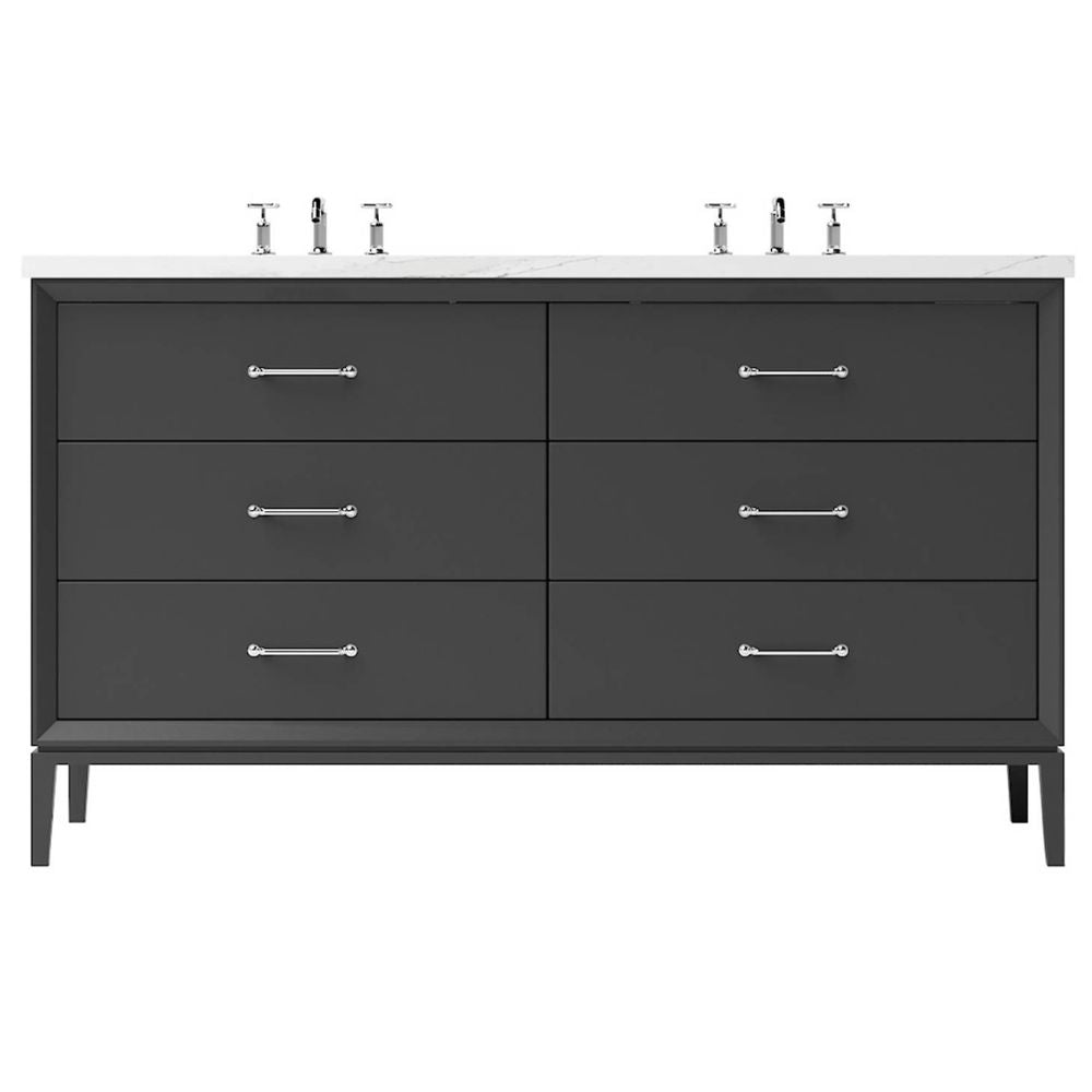 Dark gray dresser with six drawers on a white background