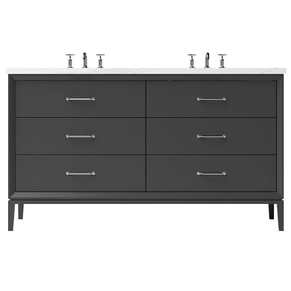 Gray bathroom vanity with white countertop and silver fixtures on a white background