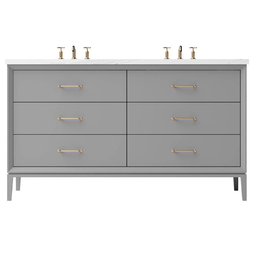 Gray dresser with gold handles on a white background