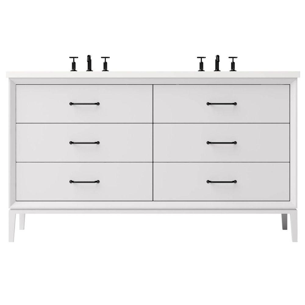 White dresser with six drawers and black handles on a white background