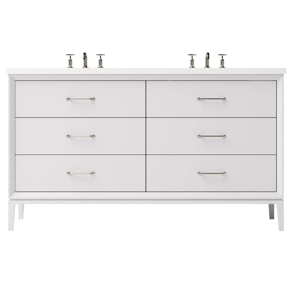 White bathroom vanity with six drawers and two sink fixtures on a white background