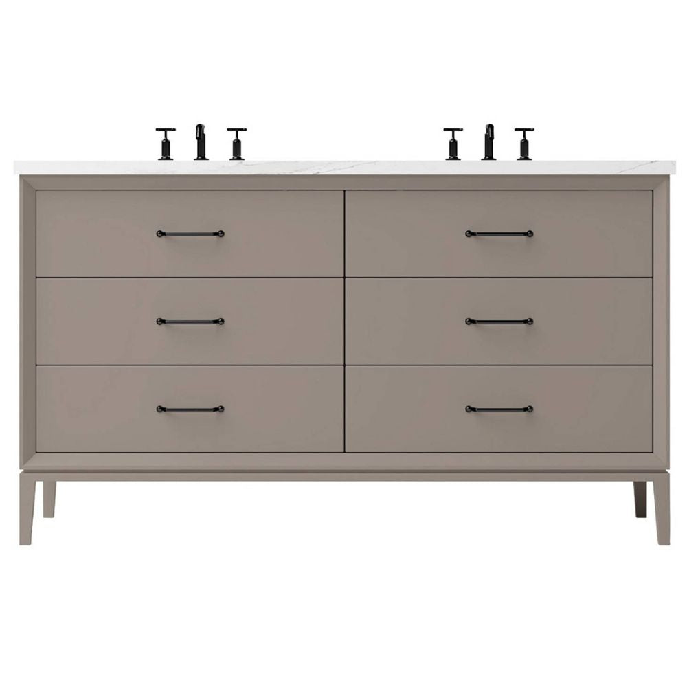 Gray dresser with six drawers and black handles on a white background