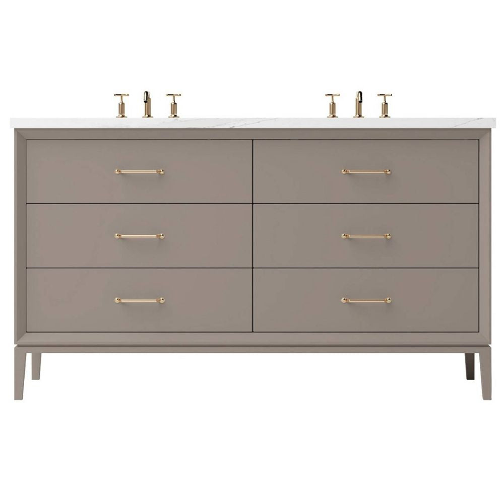 Gray bathroom vanity with gold fixtures on a white background