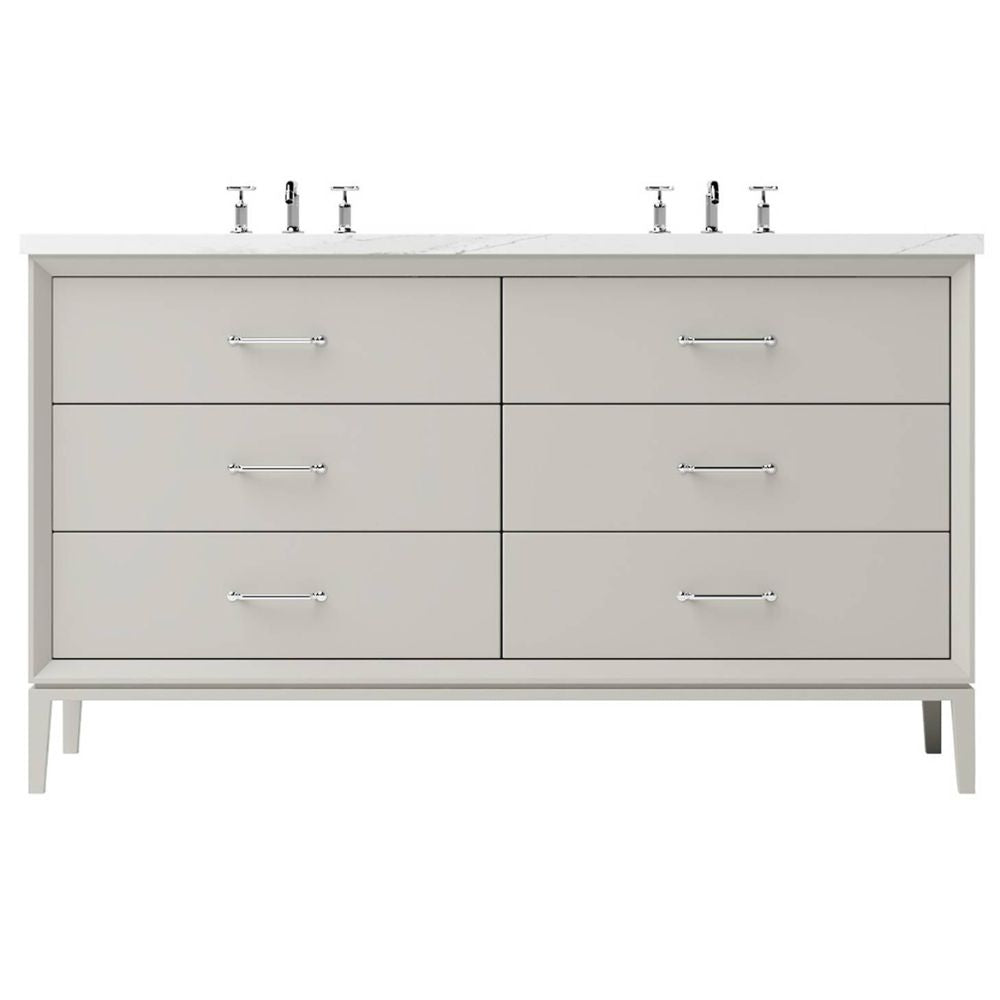 Gray bathroom vanity with four drawers and two sink fixtures on a white background