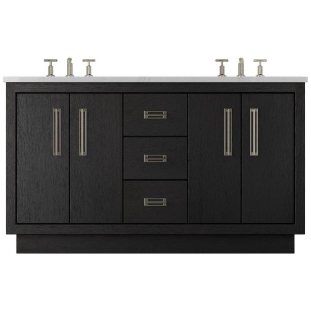 Black bathroom vanity with white countertop and silver fixtures on a white background