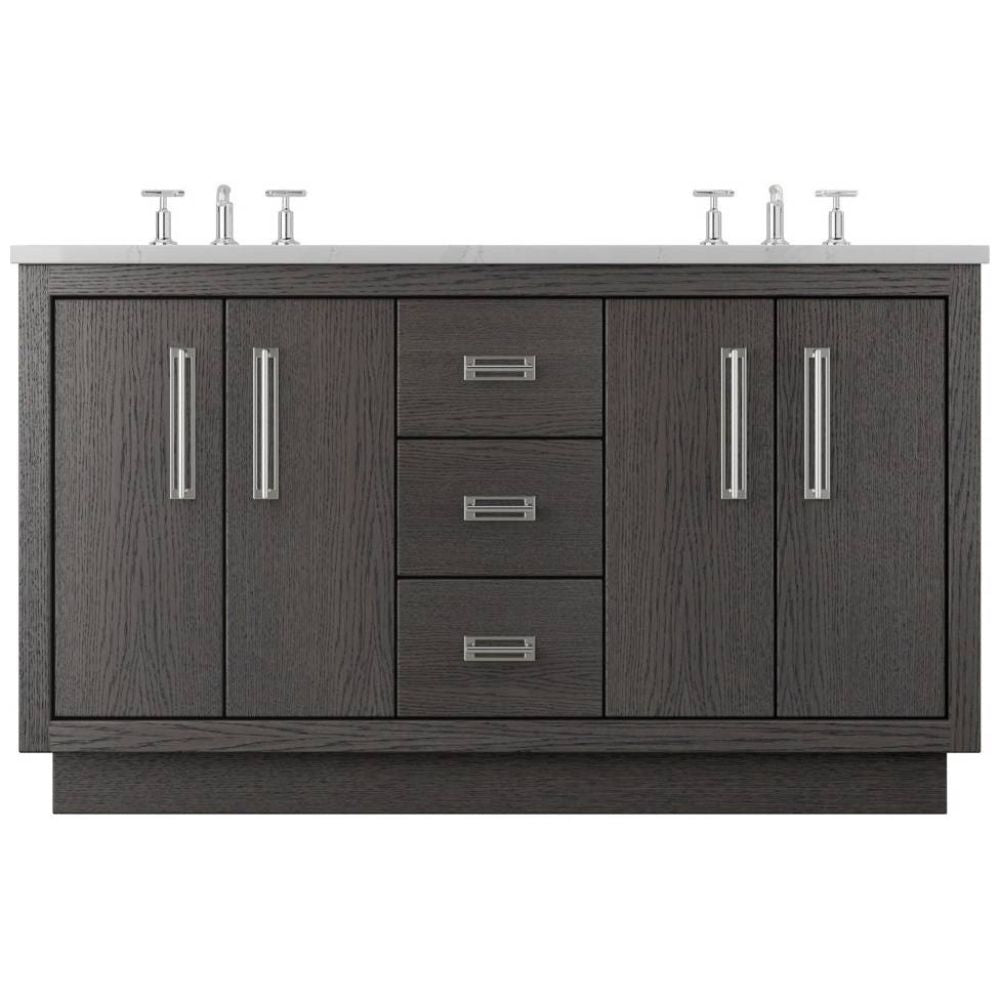 Bathroom vanity with dark wood finish, silver handles, and white countertop on a white background