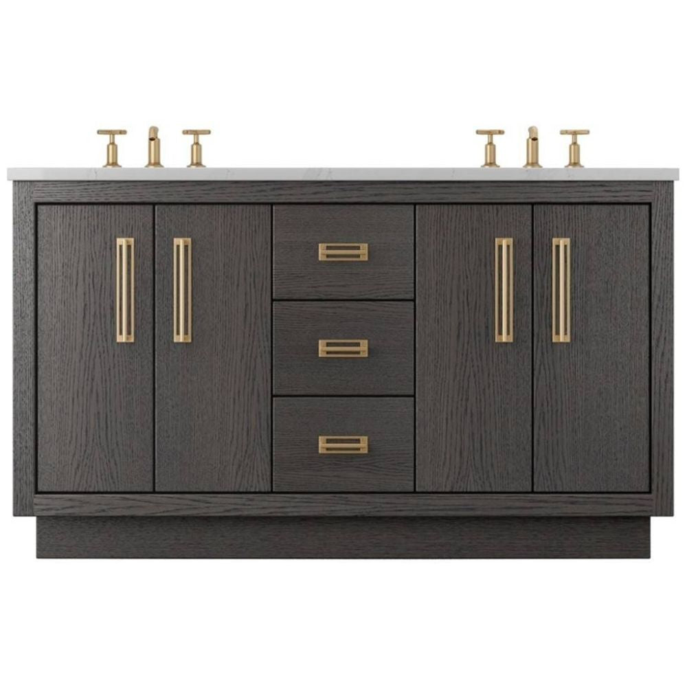 Bathroom vanity with dark wood finish, gold handles, and white countertop on a white background